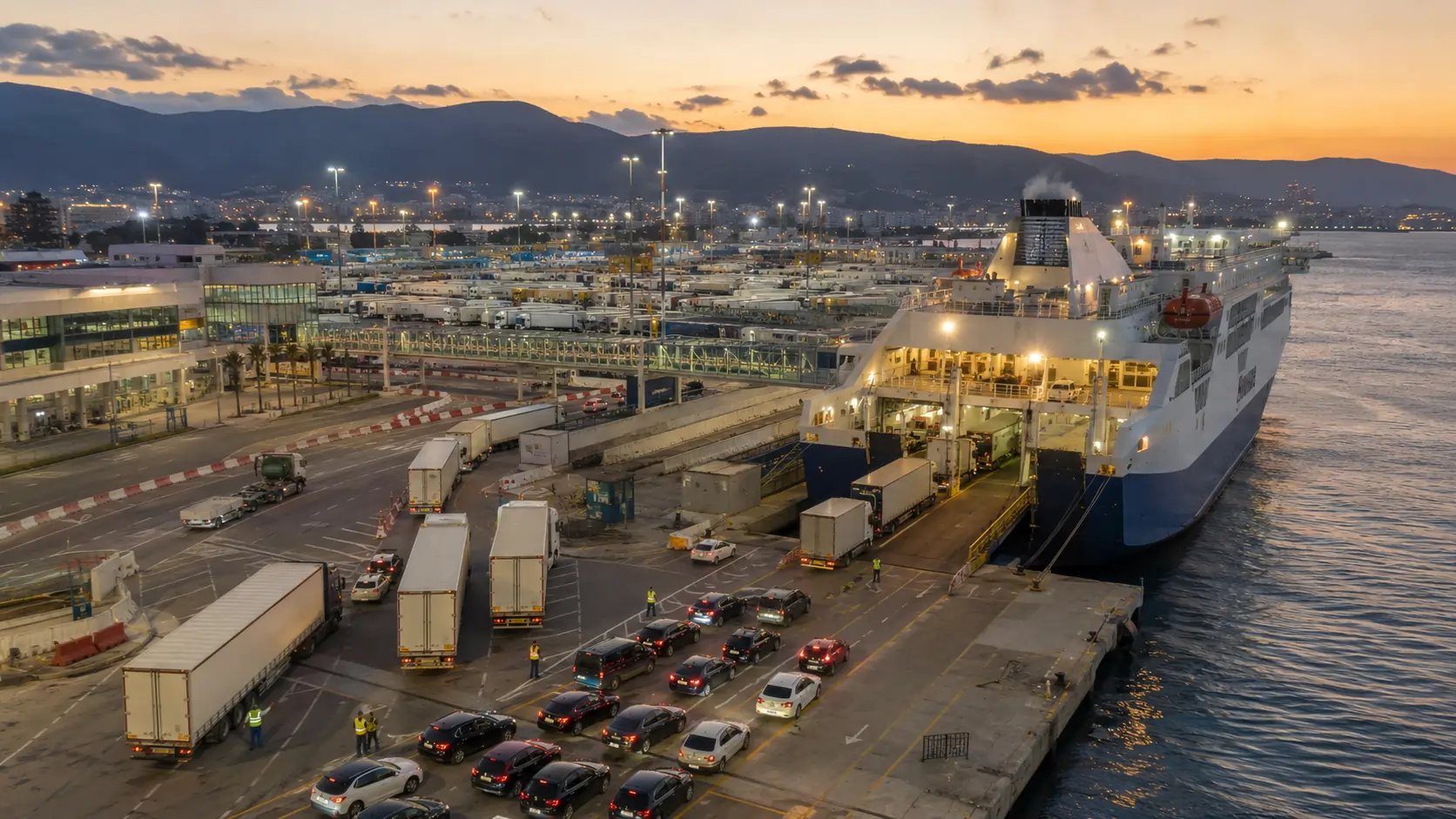 RoPax ferry at the Algeciras ferry terminal with vehicles boarding via the stern ramp for the crossing to Morocco