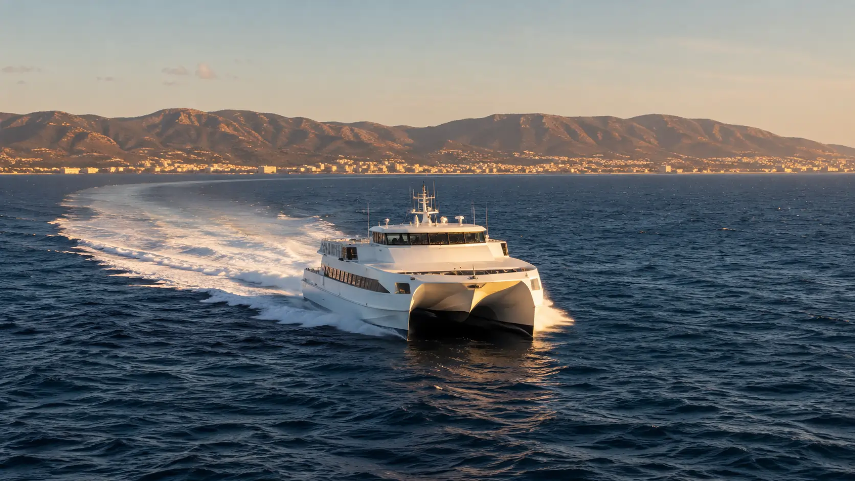 Fast catamaran ferry crossing the Strait of Gibraltar from Algeciras toward Tangier with the Moroccan coast on the horizon