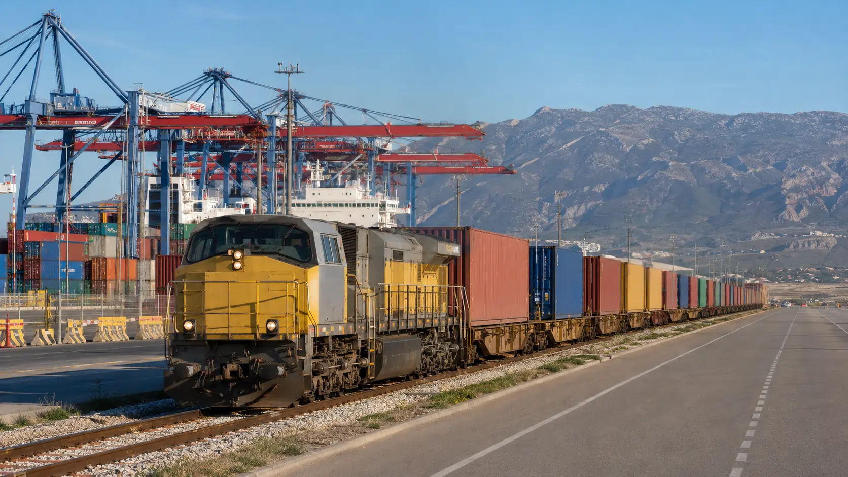 Container block train departing the Port of Algeciras rail terminal toward the Spanish hinterland via the Bobadilla corridor