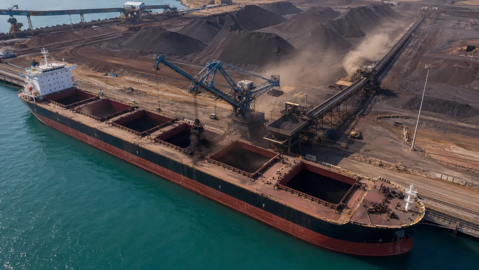 Panamax bulk carrier being discharged by grab crane at a dry bulk berth in the Bay of Algeciras port complex