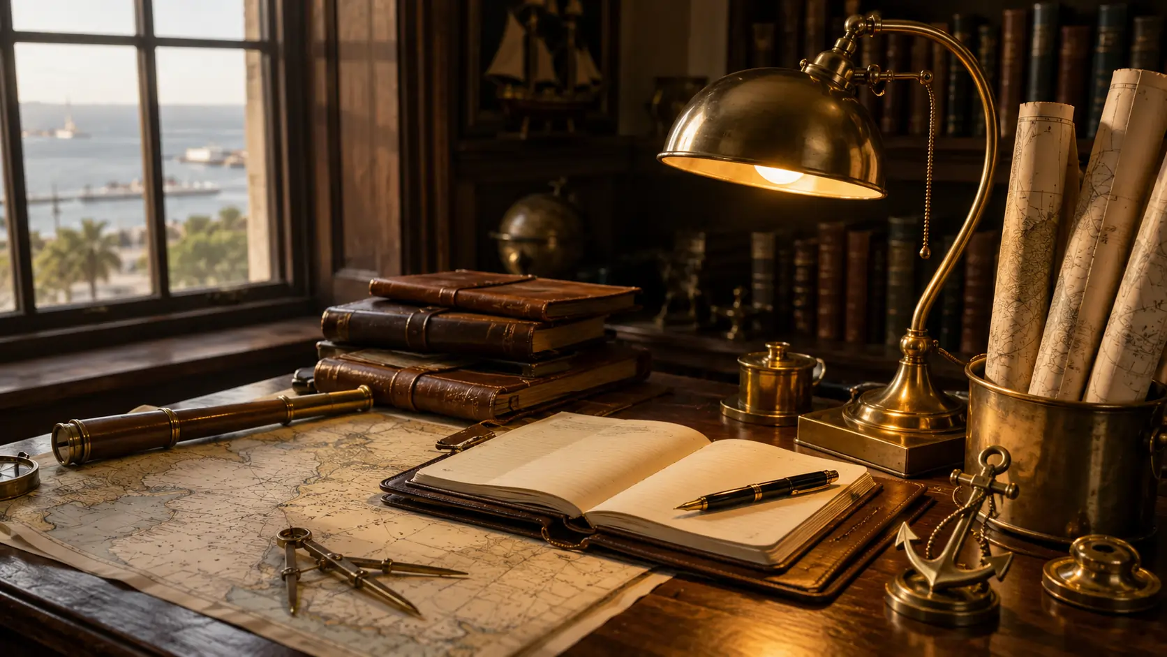 Editorial workspace with leather-bound notebooks, fountain pen, and rolled marine charts representing scholarly maritime publication