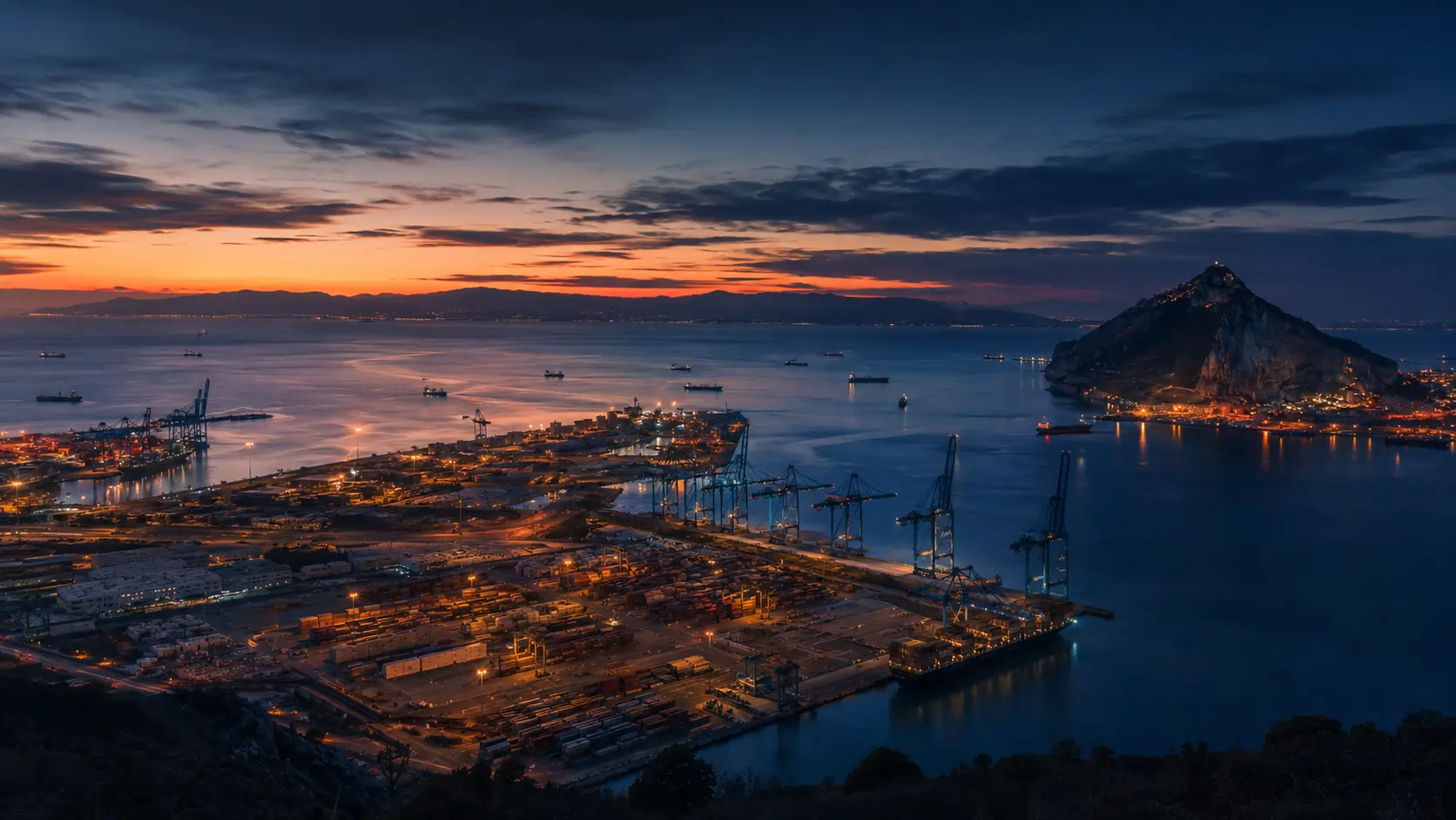 Port of Algeciras Handbook 2011 cover image — port at twilight with container terminal silhouettes against the deep blue sky over the Bay of Gibraltar