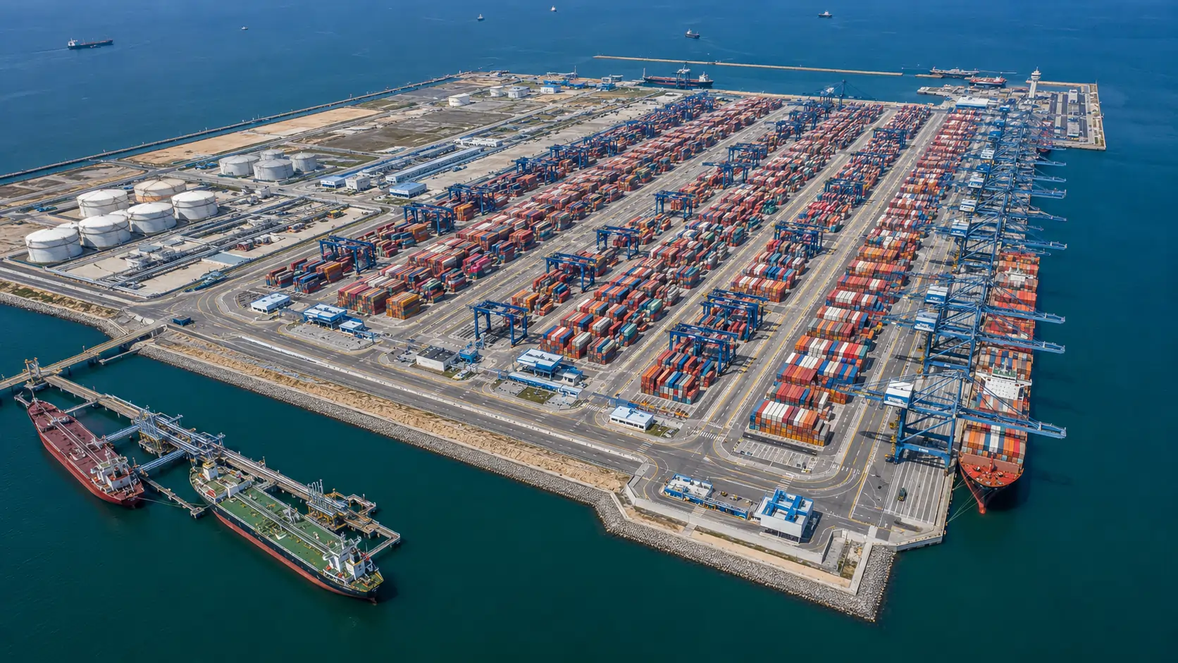 Aerial view of the Isla Verde Exterior semi-automated container terminal at the Port of Algeciras with automated stacking cranes in disciplined parallel rows