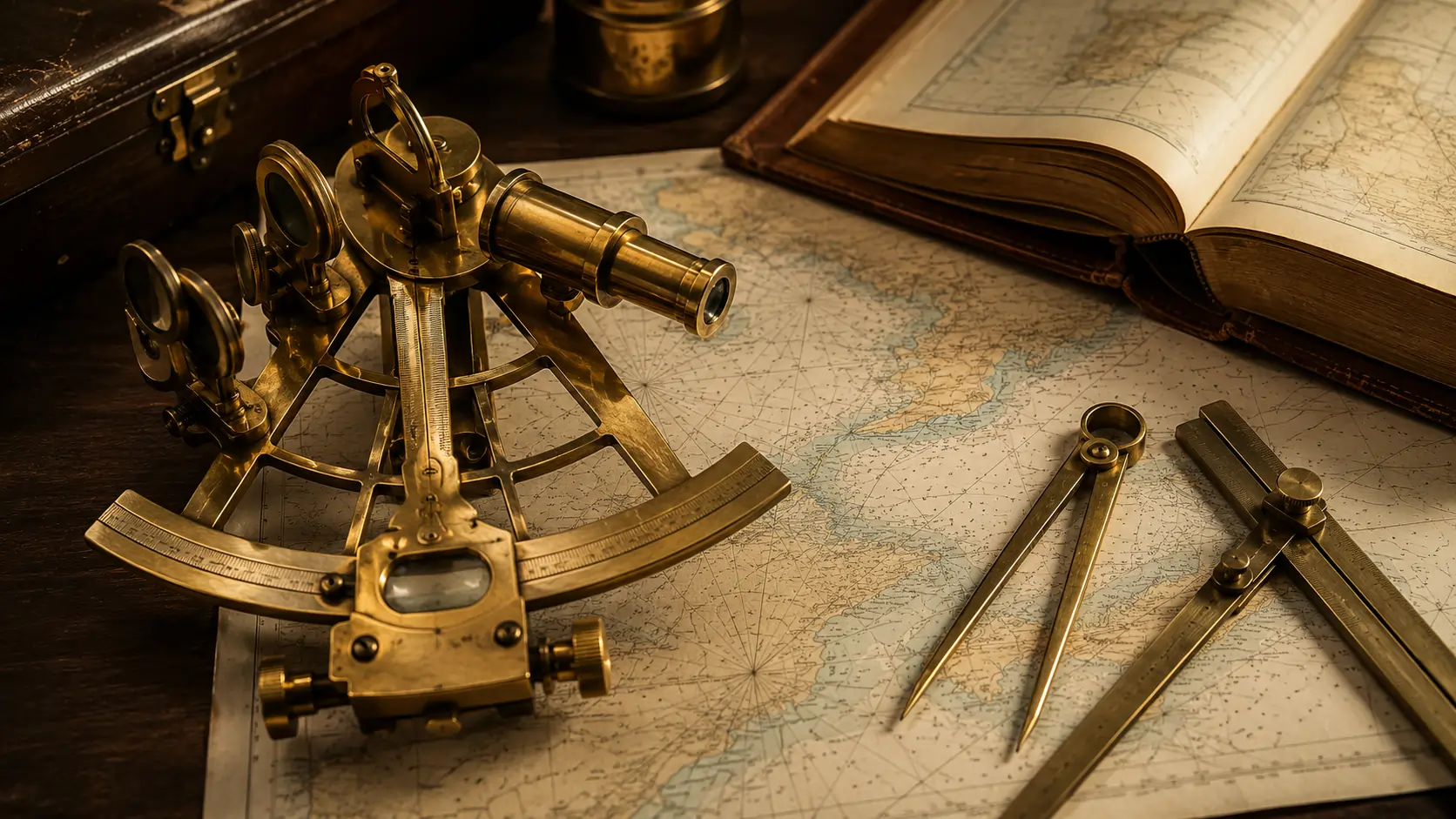 Brass nautical instruments arranged on a dark wood surface with a chart of the Strait of Gibraltar representing maritime reference and terminology