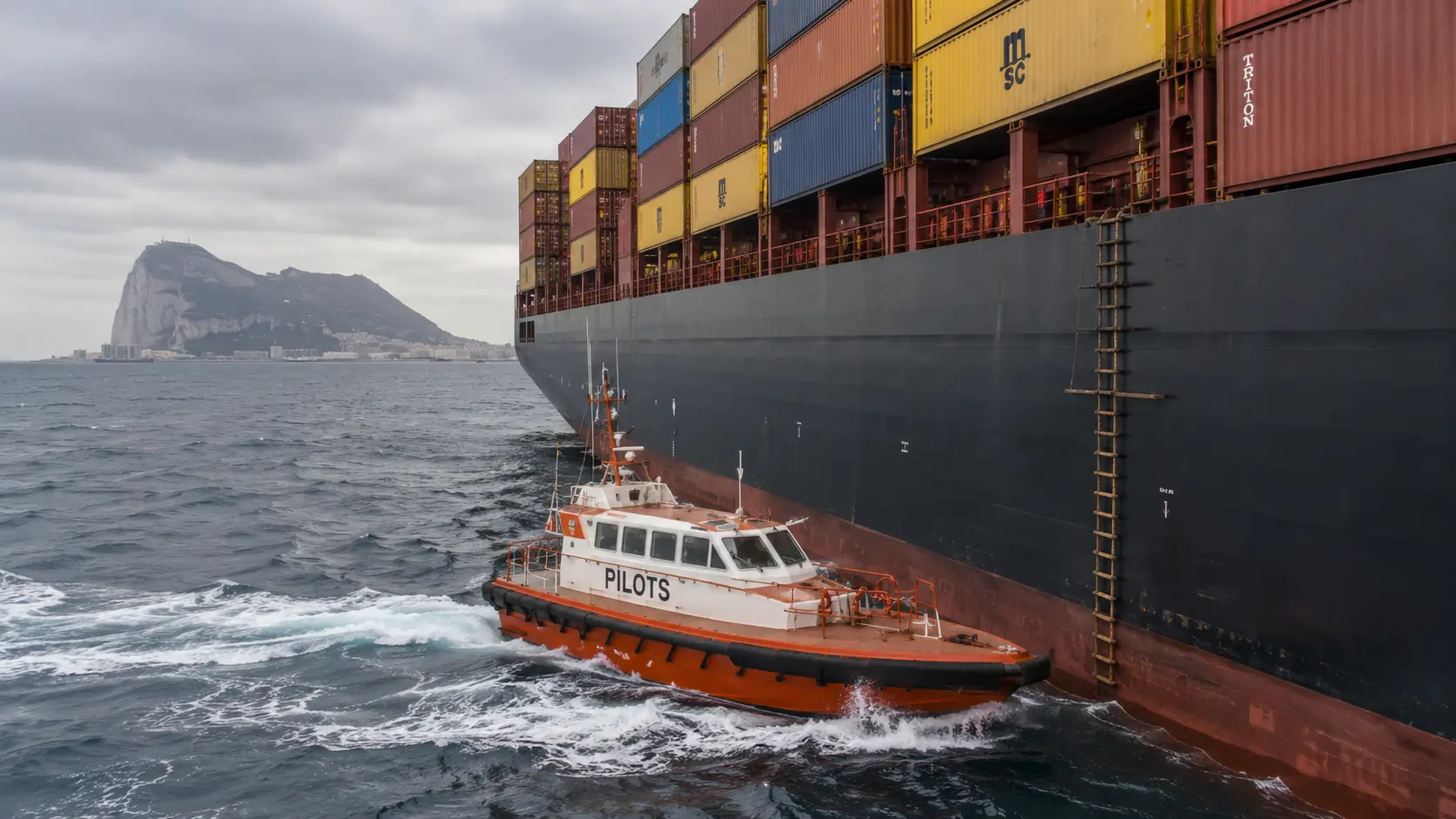 Pilot launch alongside a large container vessel for pilot boarding off the Bay of Algeciras with the Rock of Gibraltar visible in the distance