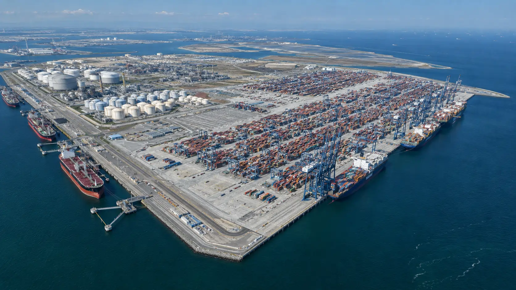 Super-post-Panamax ship-to-shore gantry cranes loading containers onto an ultra-large container vessel at an Algeciras container terminal