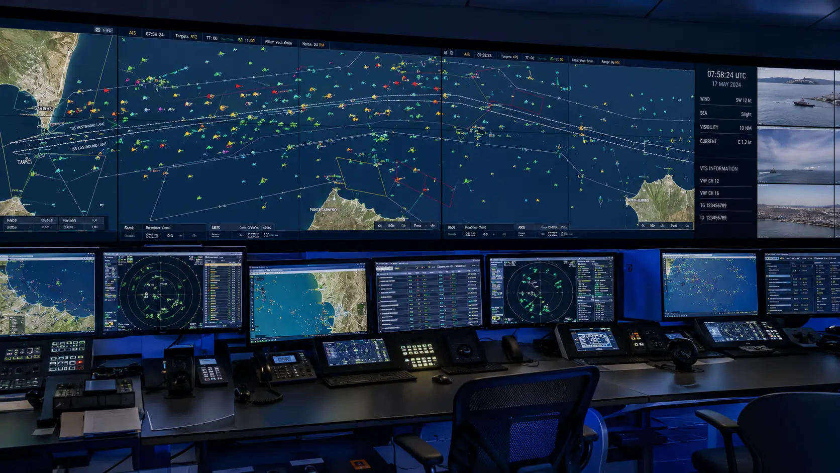 Vessel traffic service control room monitoring the Strait of Gibraltar traffic separation scheme from Tarifa Traffic